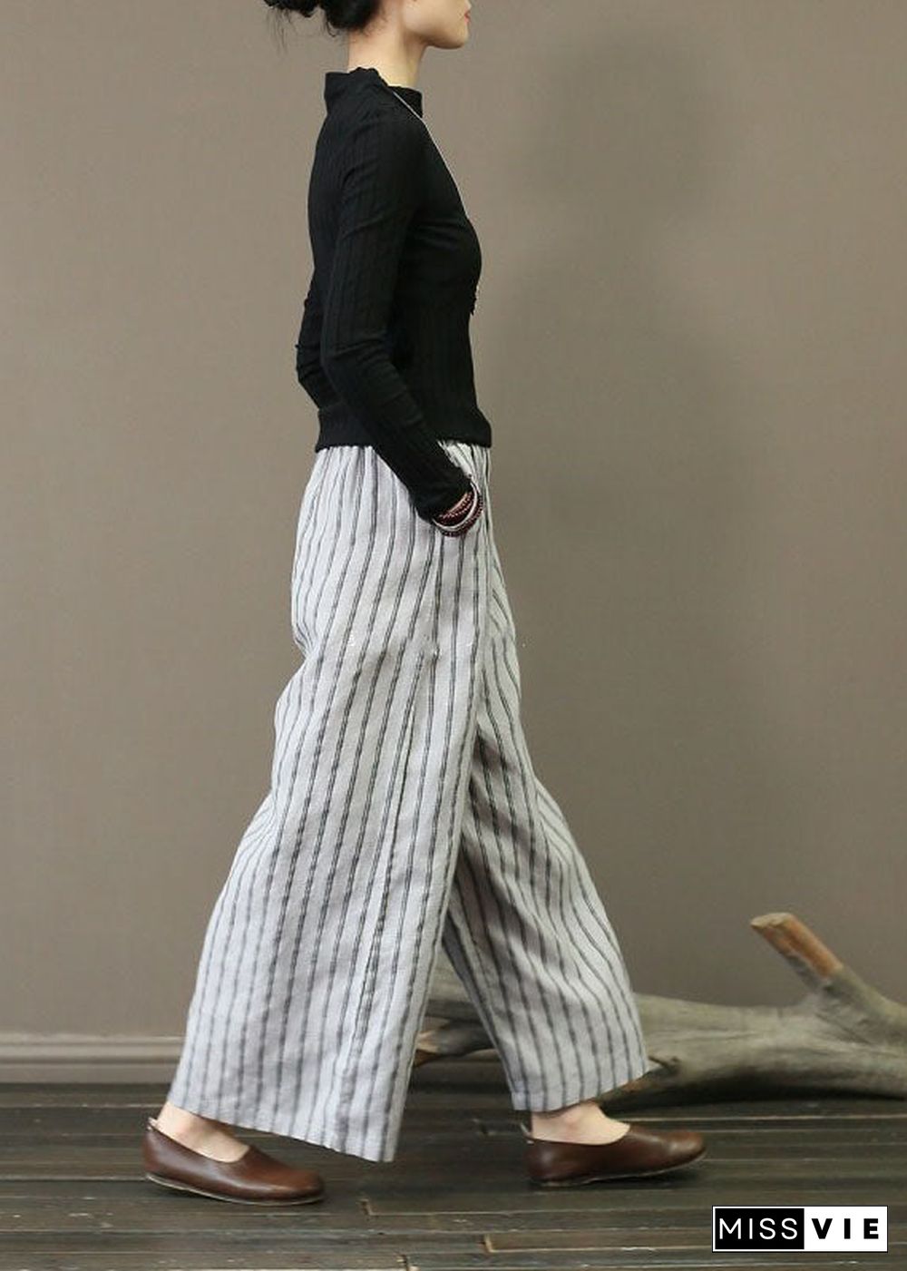 Unique Light Grey Elastic Waist Oversized Striped Linen Pants Trousers Summer