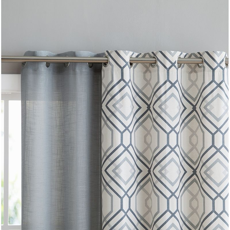 Kate Aurora Coordinating 4 Piece Geometric and Solid Grommet Top Window Curtain Set