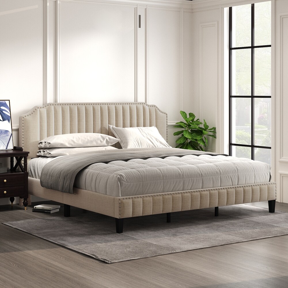 King Size Linen Upholstered Bed Platform Bed Frame  Wood Slat Support