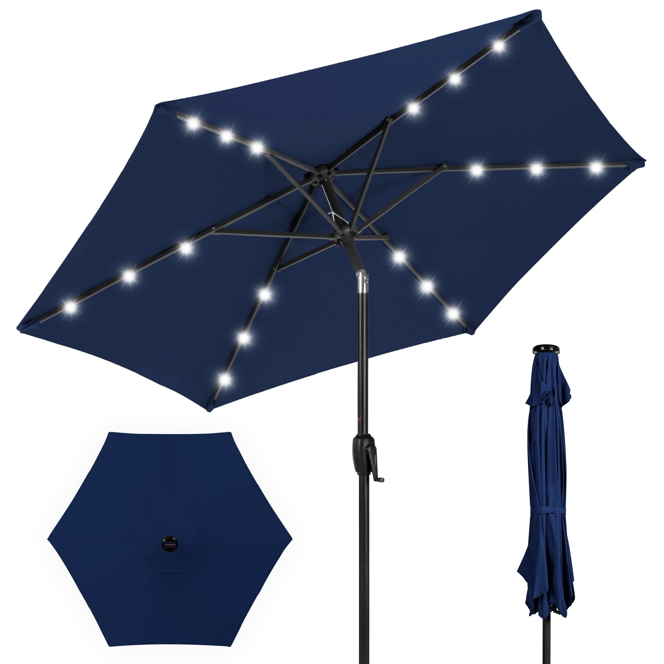 Best Choice Products 7.5ft Outdoor Solar Patio Umbrella for Deck, Pool w/ Tilt, Crank, LED Lights - Navy Blue