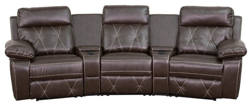 Pemberly Row 3 Seat Leather Reclining Home Theater Seating in Brown   Contemporary   Theater Seating   by Homesquare  Houzz