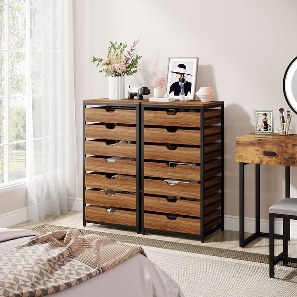 7 Drawer Chest， Wood Storage Dresser Cabinet with Metal Legs， Industrial Tall Storage Tower Organizer Unit for Office Bedroom - - 37668363