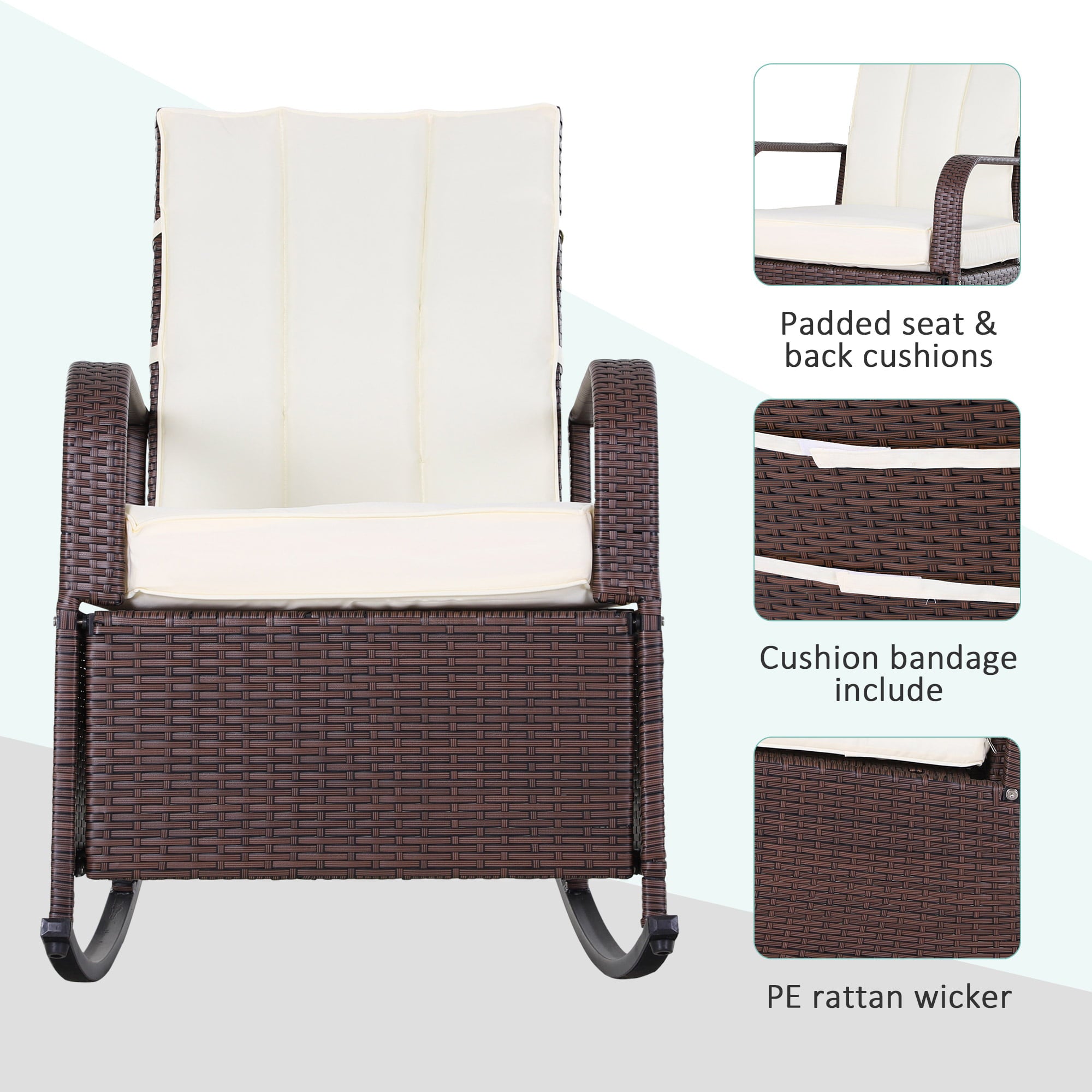 Outsunny Outdoor Wicker Rocking Chair with Soft Cushion, Patio Recliner with Armrests, and Max. 135 Degree Backrest, Beige