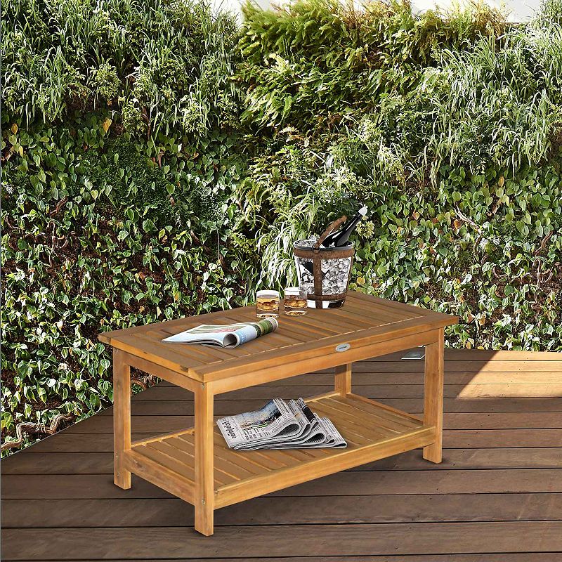 Outsunny Outdoor Coffee Table 2 Shelf Acacia Wood Rectangular Buffet Storage Organizer Natural Finish Teak Patio Deck Lawn Garden 35x17x17