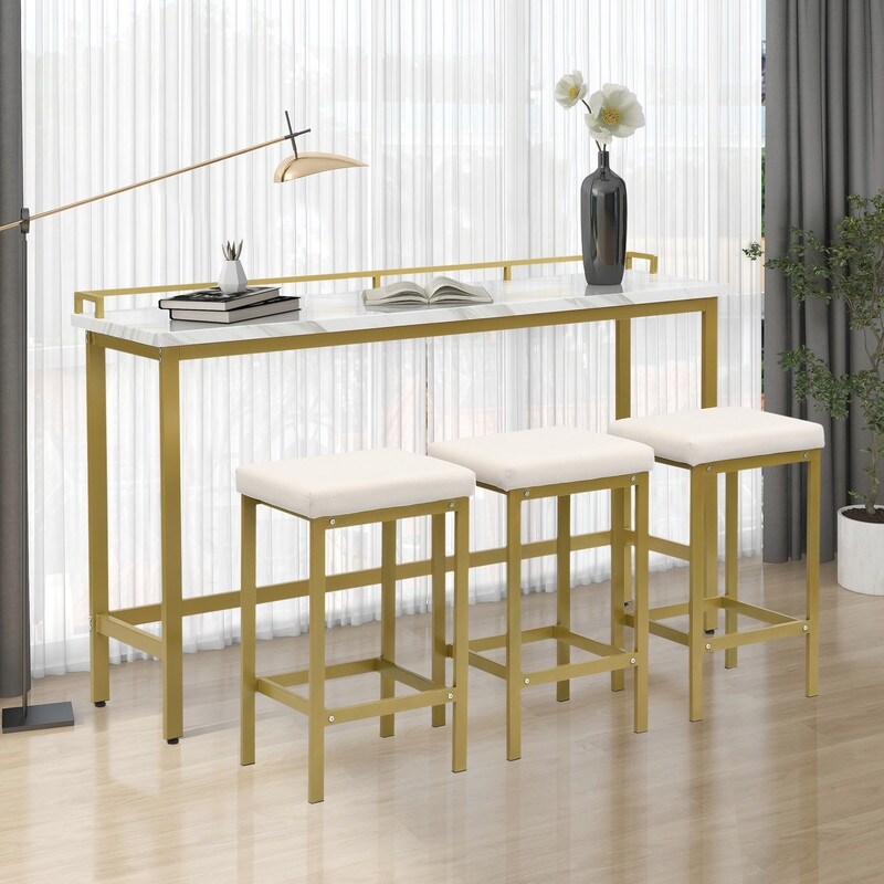 4 piece counter height metal and wood tableware with extra long console dining table and 3 PU stools in gold + beige