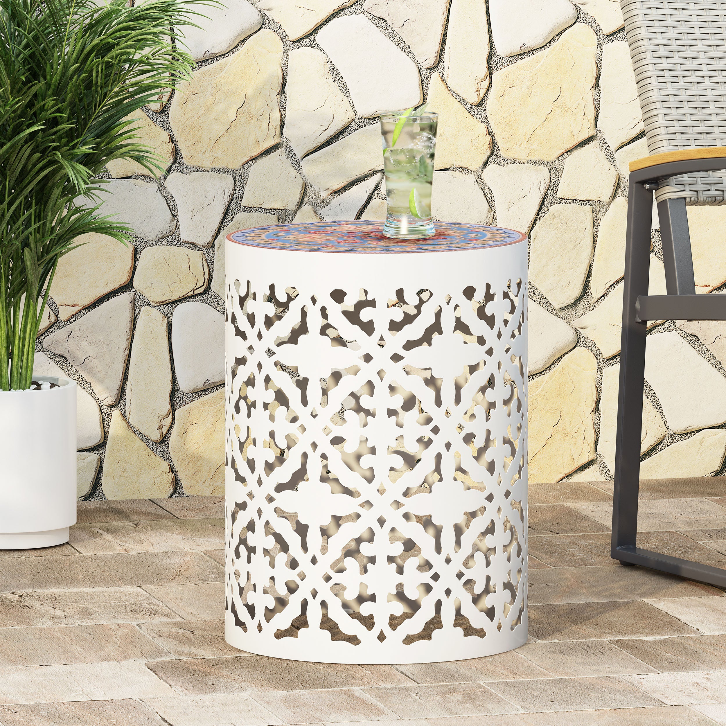 Kenzi Outdoor Lace Cut Side Table with Tile Top