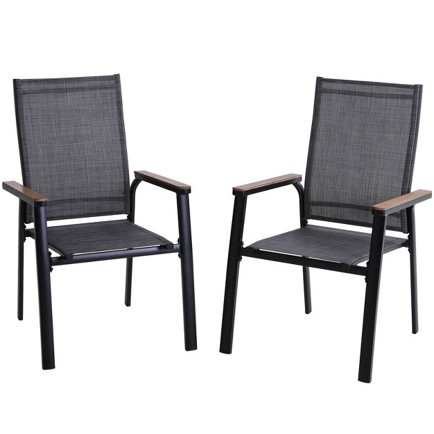 2pk Aluminum Patio Arm Chairs With Wooden Armrests Captiva Designs