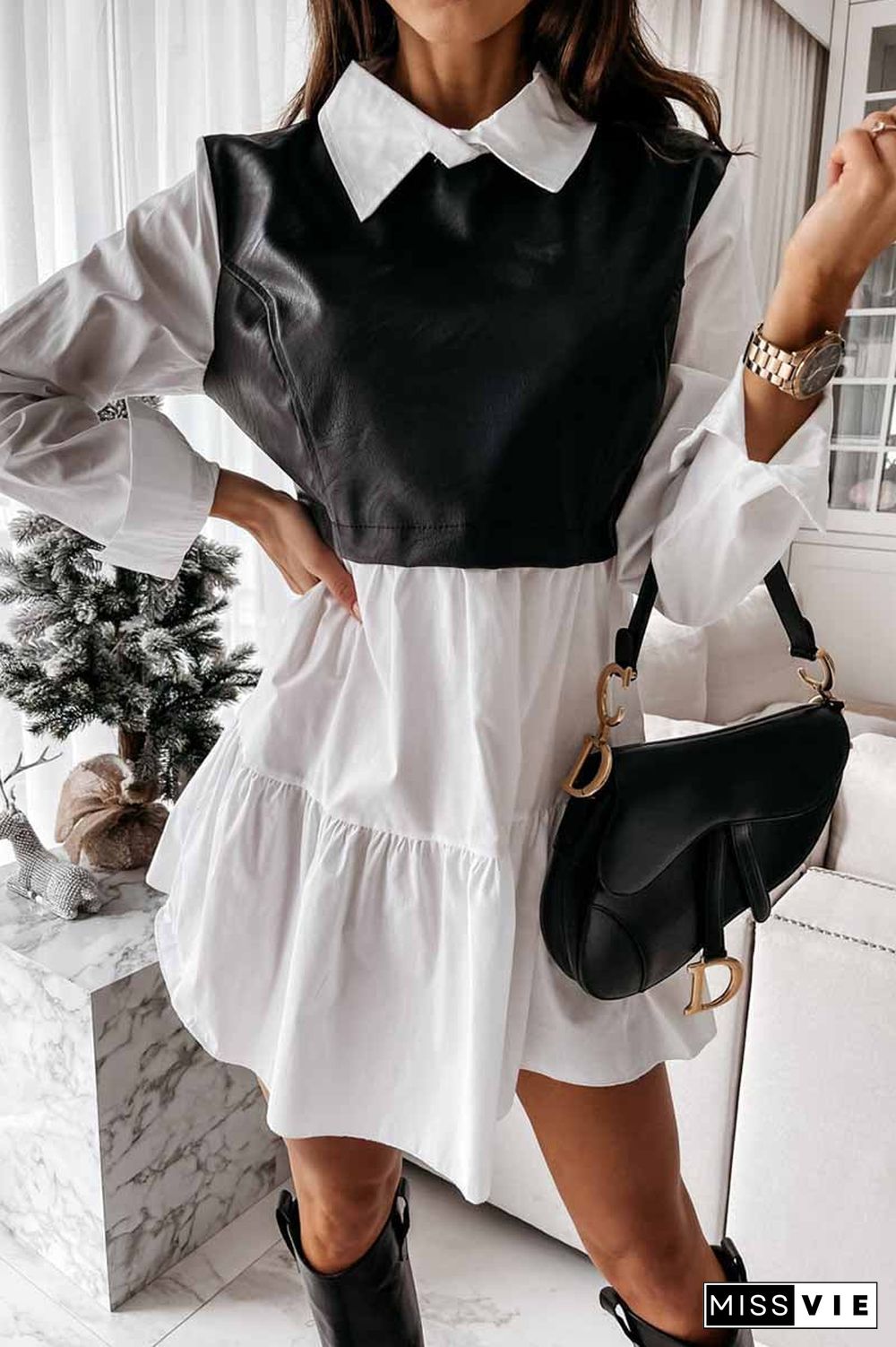 Shirt skirt and leather stitching Mini Dress