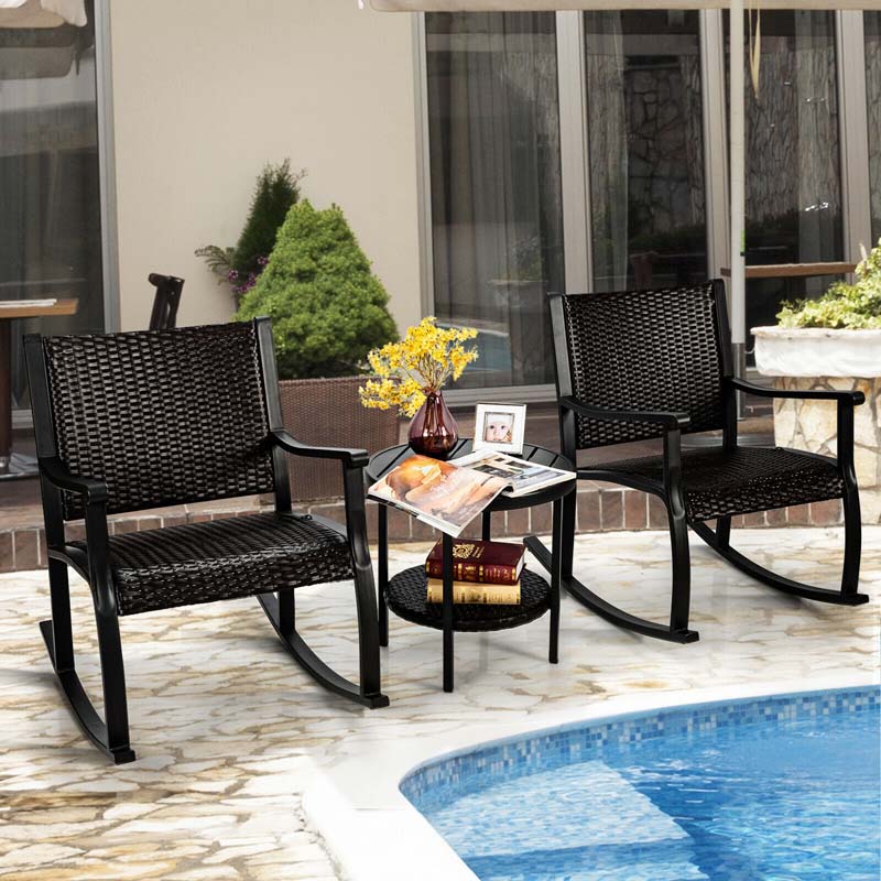 3 Pcs Rattan Patio Rocking Bistro Set with Side Table & Extra Storage Shelf, Outdoor Rocking Chair Furniture Set