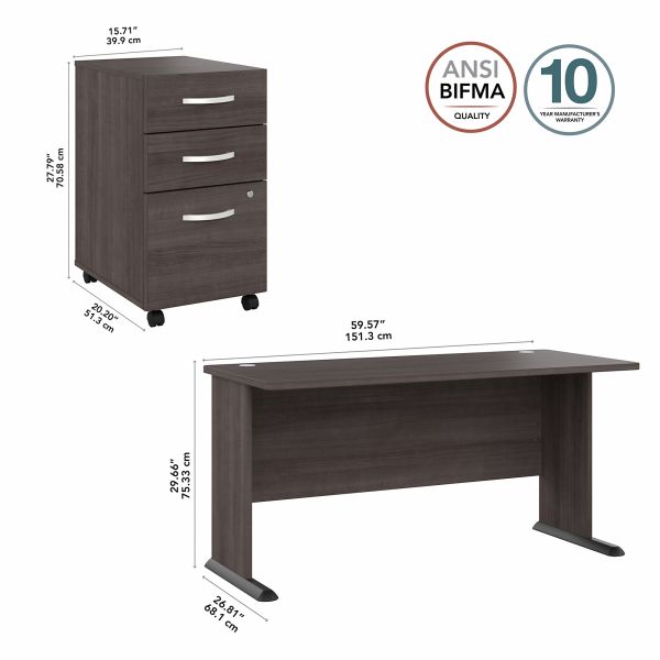 Bush Business Furniture Studio A 60W Computer Desk with 3 Drawer Mobile File Cabinet in Storm Gray