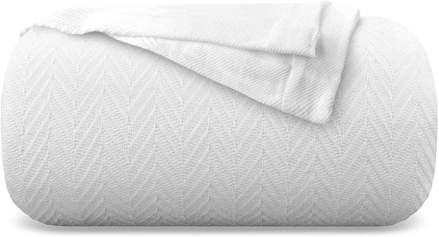 Eurotex 100% Cotton Blanket Queen 90 x 90 inches， Summer Lightweight Soft Breathable Blanket， White