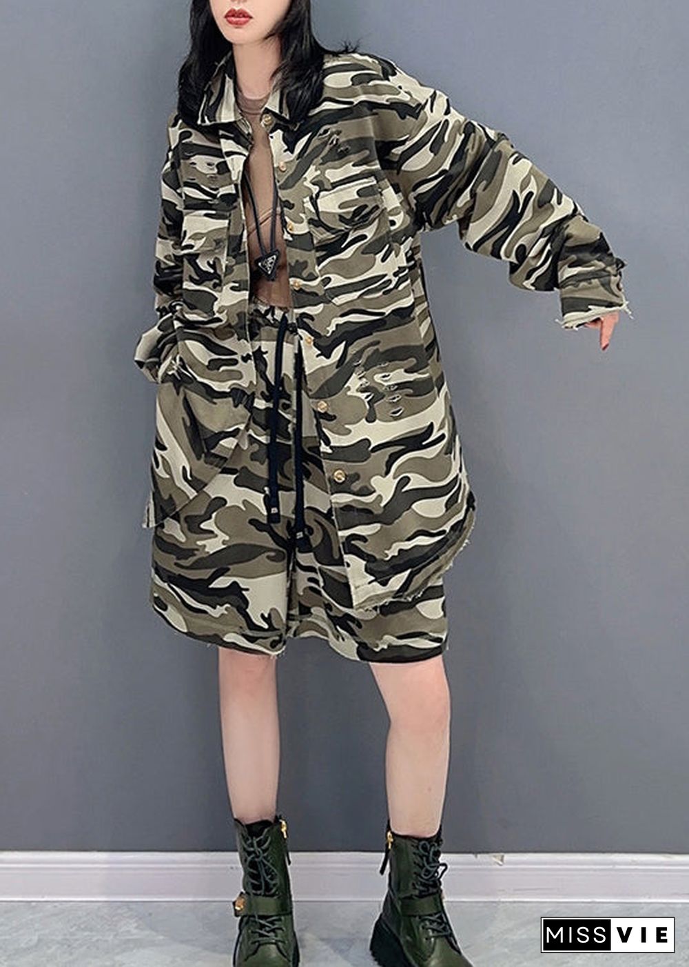 Casual Camouflage Peter Pan Collar Zippered Print Coats And Shorts Two Pieces Set Spring