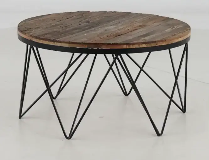 Aubrey Reclaimed Wood Round Coffee Table with Hairpin Metal Legs