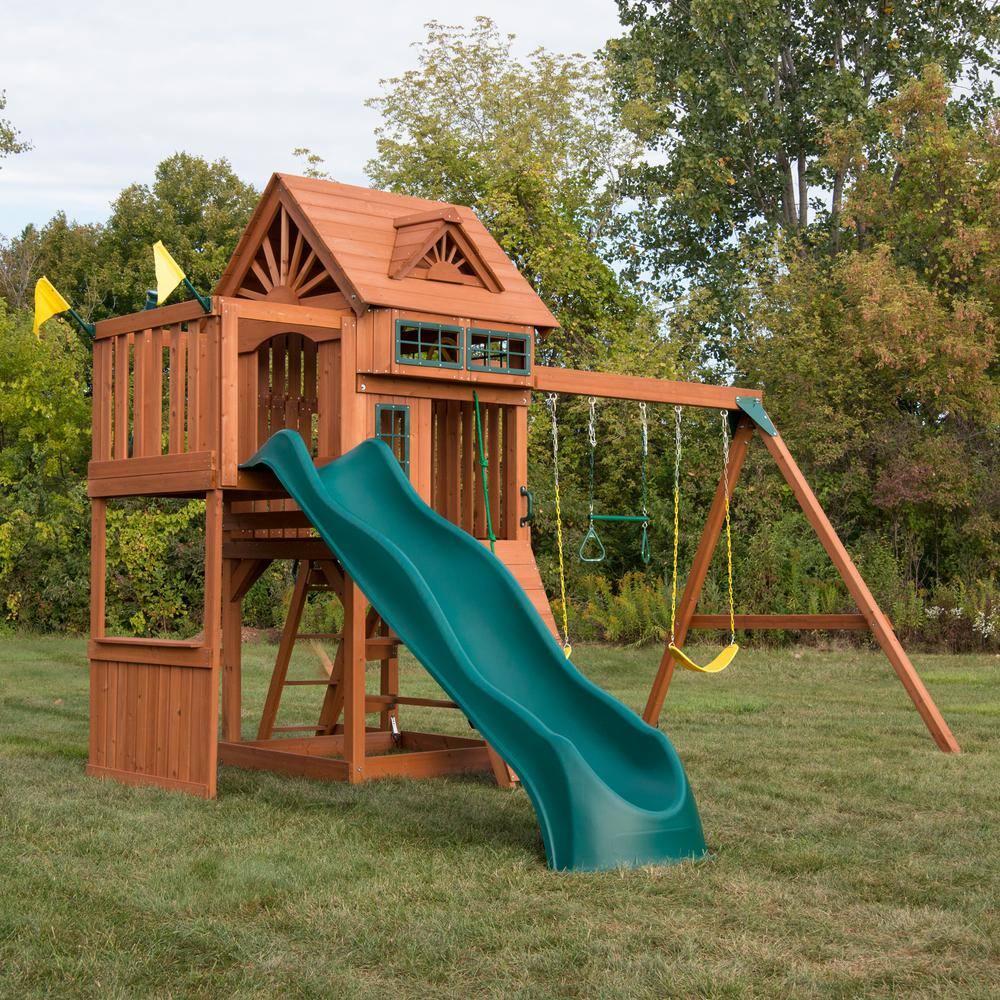 Swing-N-Slide Playsets Professionally Installed Sky Tower Terrace Complete Wooden Playset with 5 ft. Terrace Slide and Swing Set Accessories 6038