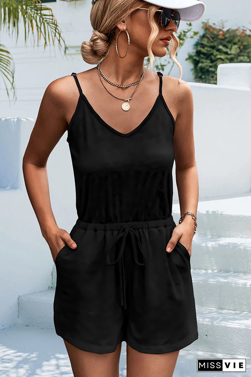 Sleeveless V Neck One Piece Plain Romper