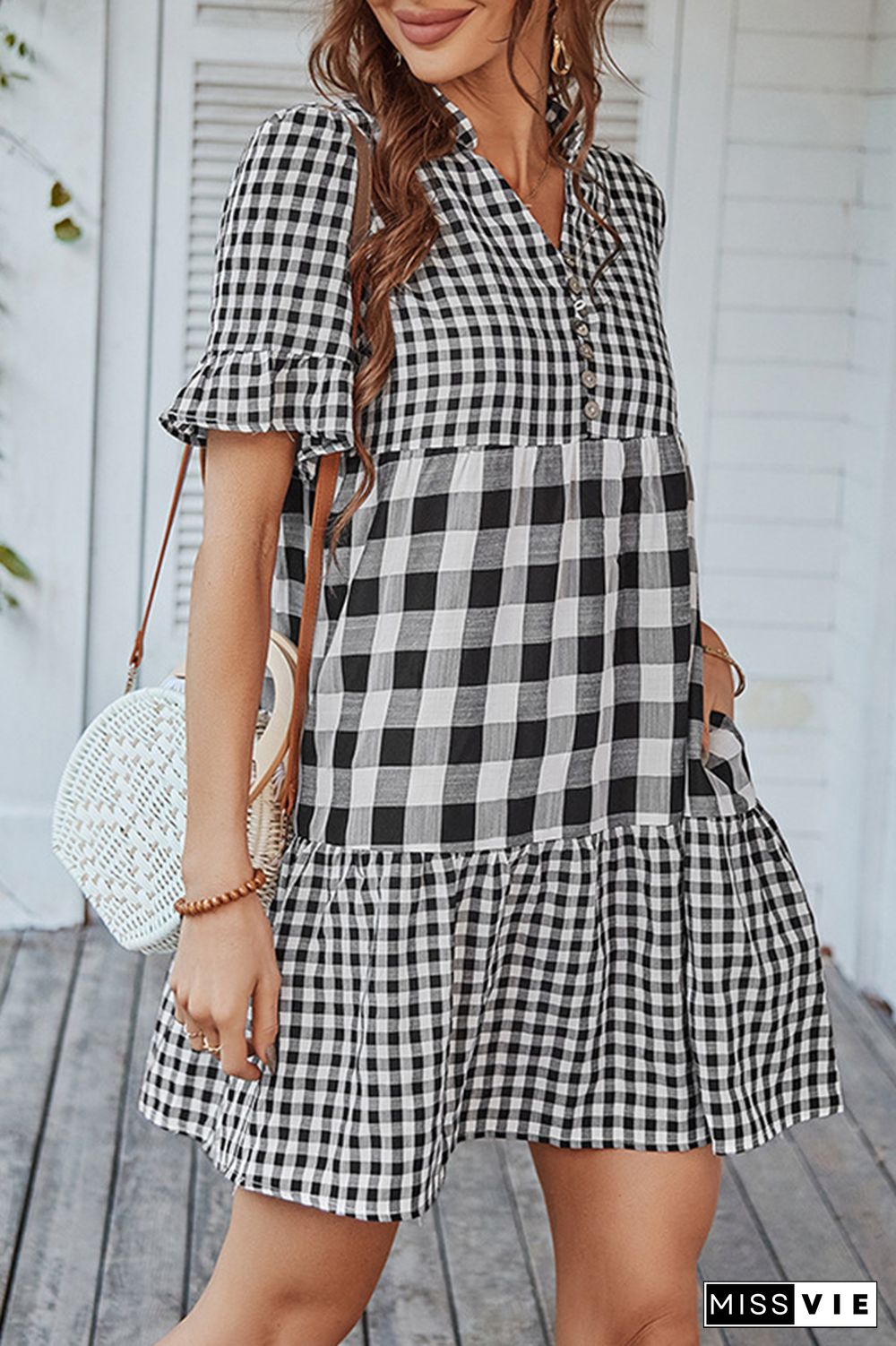 Stripe Print Buttons V-neck Short Sleeve Mini Dress Wholesale