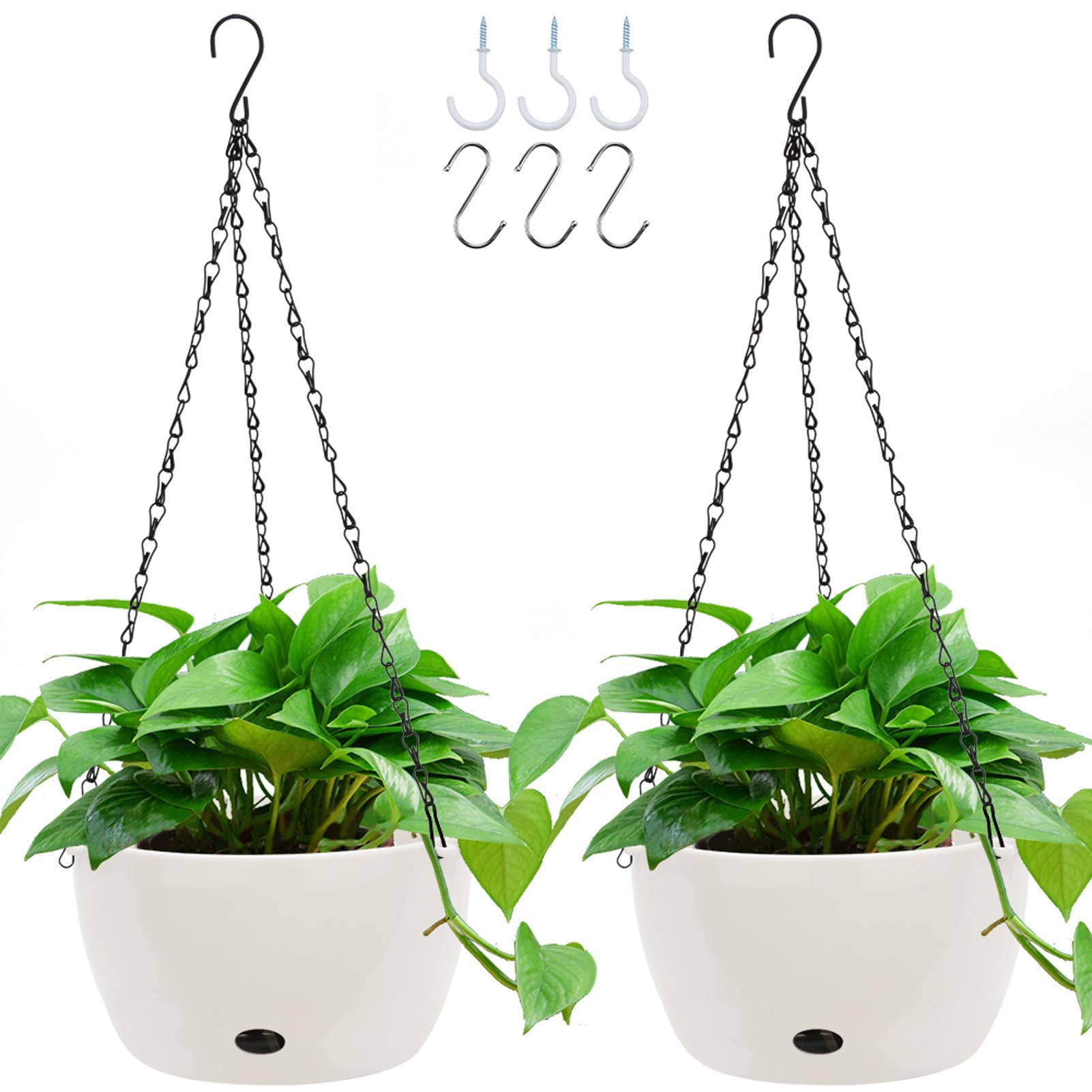 GROWNEER 2 Packs 9.4 Inches Plastic Hanging Planter Self Watering Basket with 6 Pcs Hooks, Hanging Flower Pot with Detachable Base for Garden Indoor Outdoor Home Decoration (White)