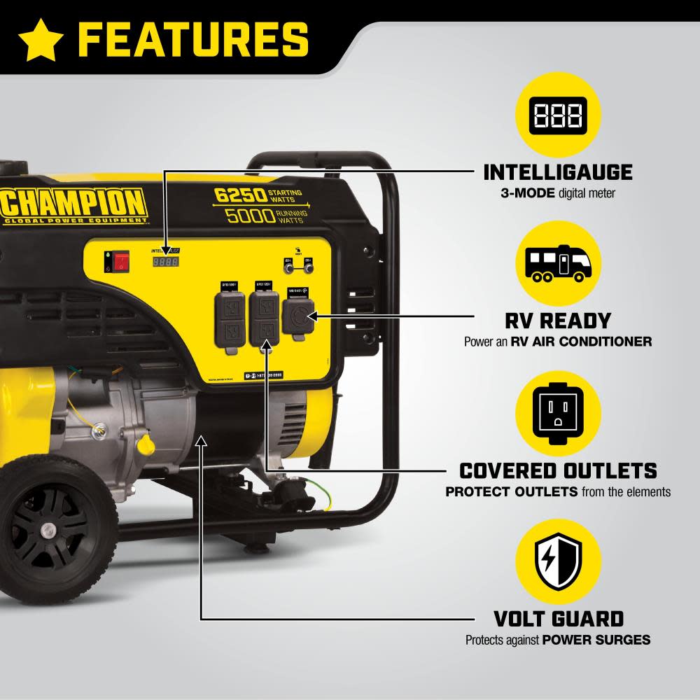 Champion 5000-Watt Portable Generator with Wheel Kit and Extension Cord ;