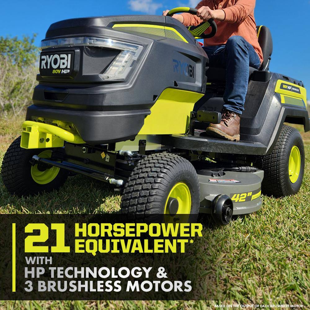 RYOBI 80V HP Brushless 42 in. Battery Electric Cordless Riding Lawn Tractor with (3) 80V 10Ah Batteries and Charger RYRM8060