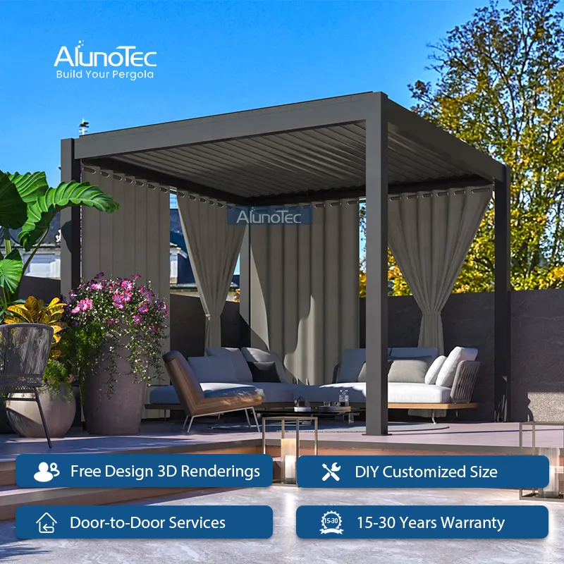 AlunoTec Eco Friendly Wall Mounted Toldos Terrazas Jardin Terrace Gazebo Commercial Aluminum Custom Pergola Ideas with Curtains