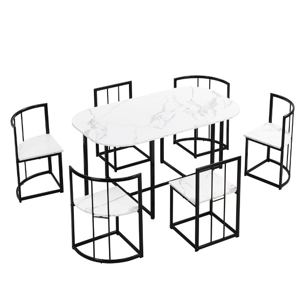 Modern 7 piece Dining Table Set With Faux Marble Top And 6 Chairs Modernluxe