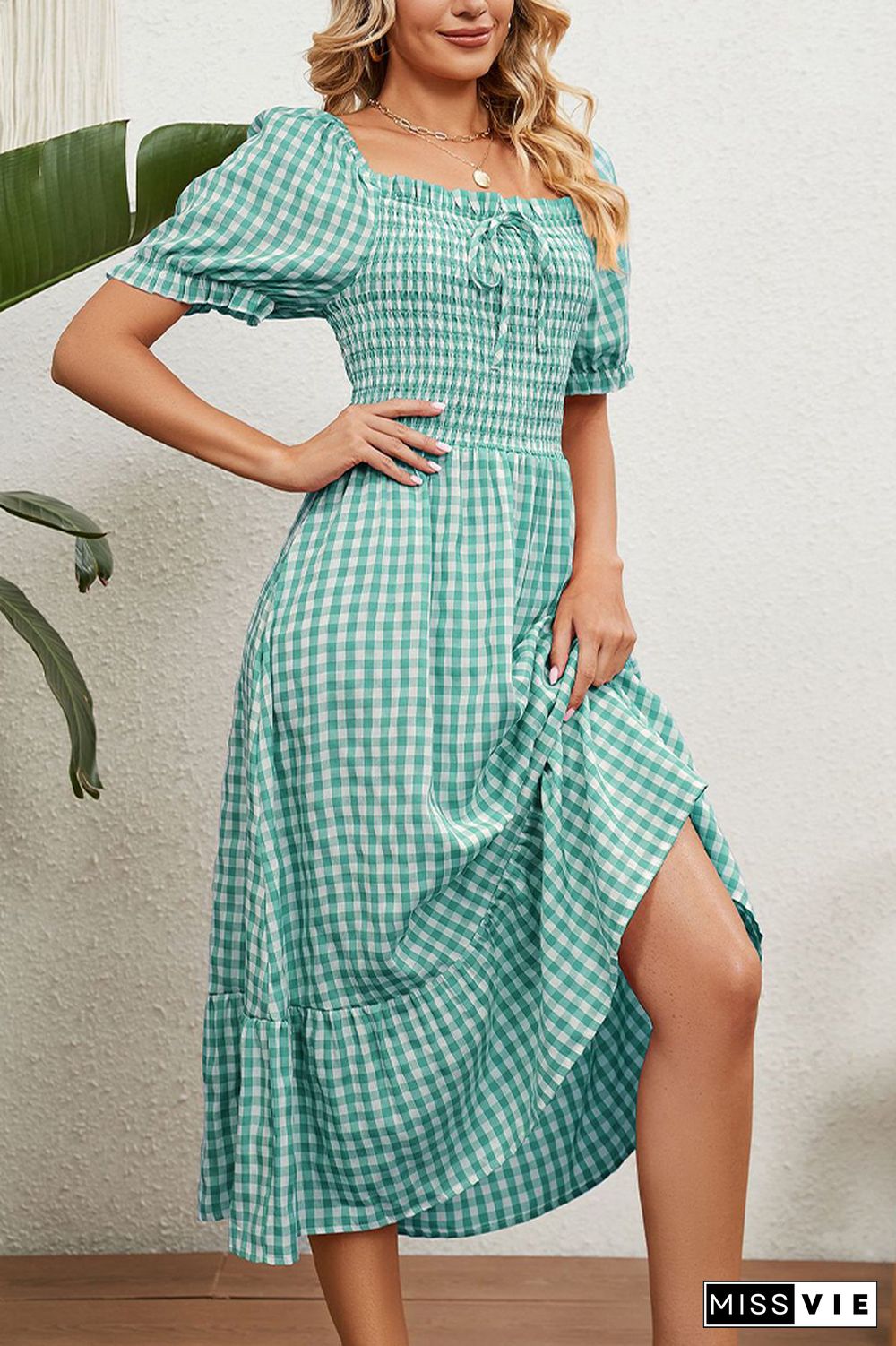 Square Neck Plaid Long Dress