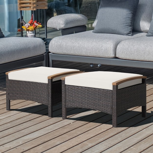 Costway Set Of 2 Patio Rattan Ottoman Footrest Cushions Wooden Handle Off White brown red navy