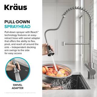 KRAUS Britt Commercial Style Pull-Down Single Handle Kitchen Faucet in Spot-Free Stainless SteelMatte Black KPF-1691SFSMB