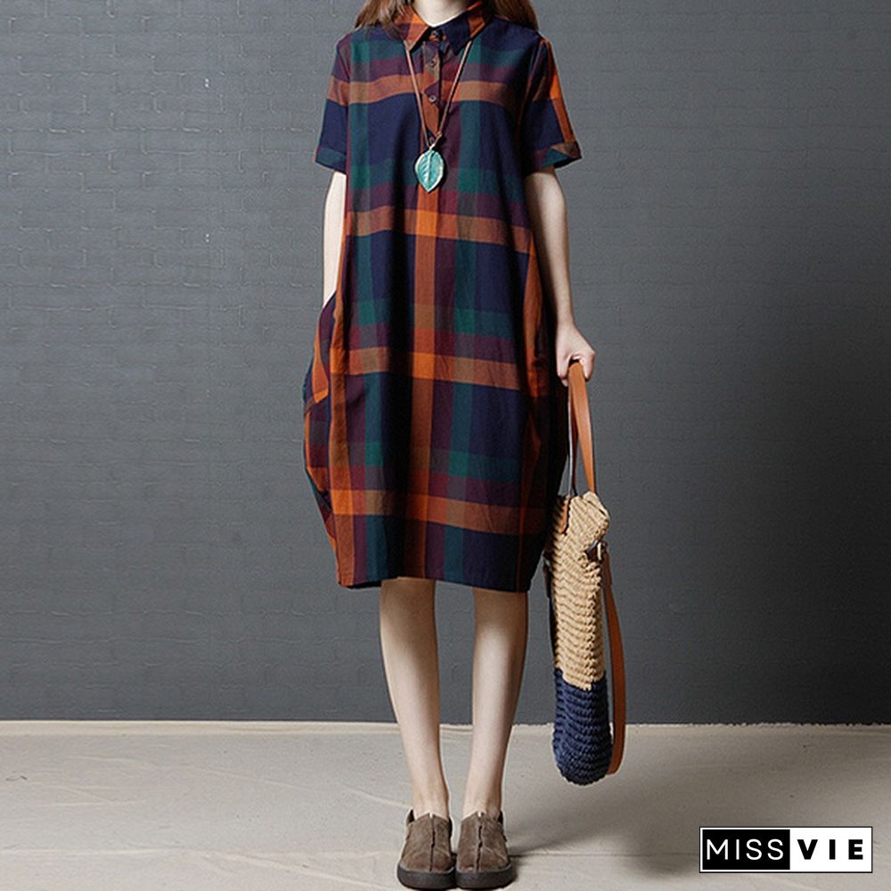 Women Vintage Loose Lapel Short Sleeve Check Plaid Loose Tunic Midi Dress Plus Holiday