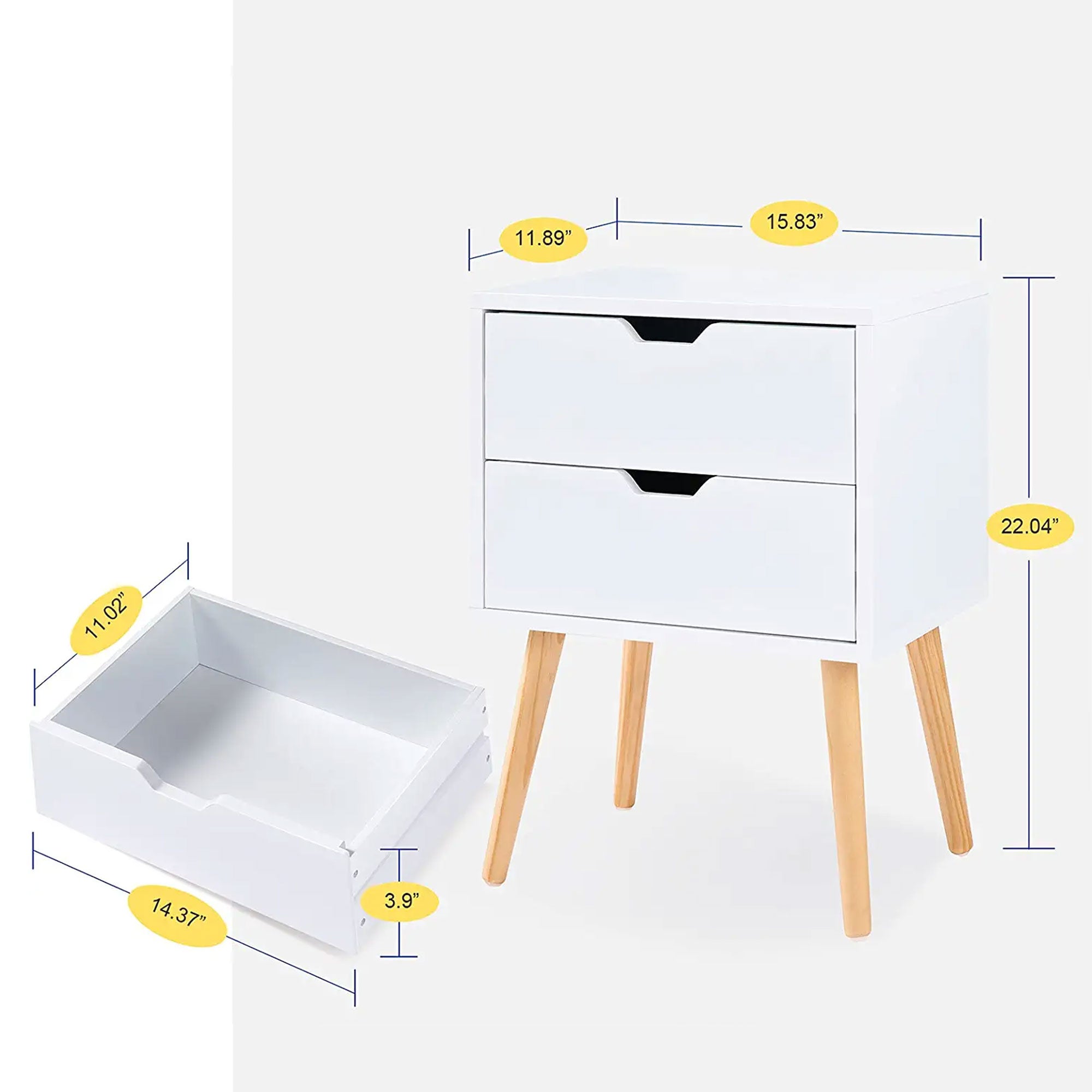 Sweetgo Modern Wooden Nightstand Table w/2 Storage Drawers, White, Set of 2