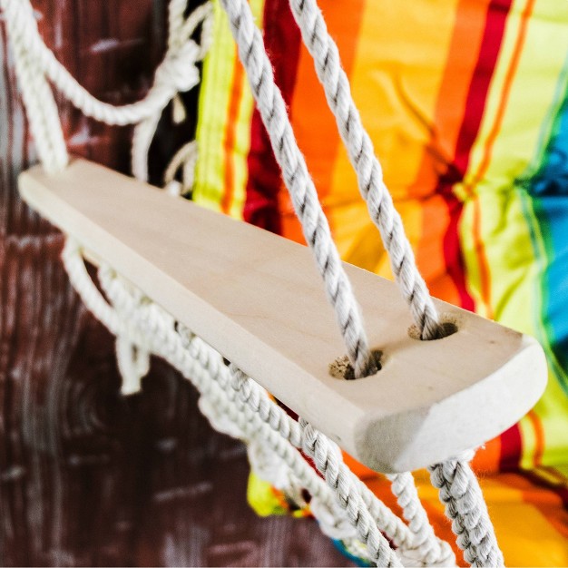 Hanging Hammock Chair With Wooden Arms Striped Blue yellow orange Backyard Expressions