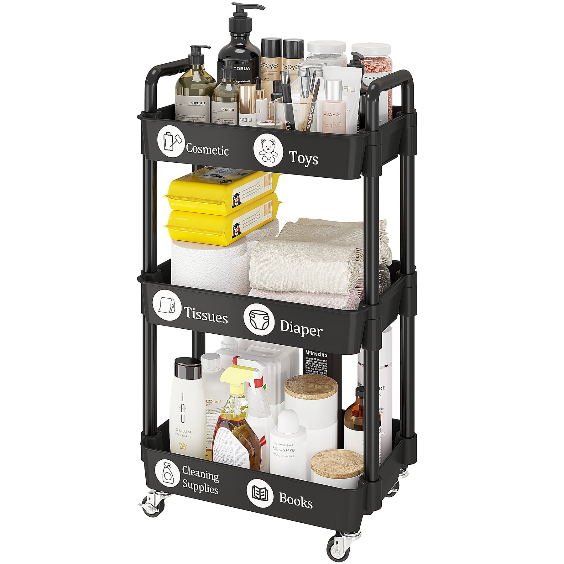 UDEAR 3-Tier Rolling Utility Cart with 12 Category Labels，Multifunctional Storage Shelves with Handle and Lockable Wheels for Room，Office，Kitchen，Bathroom，Black