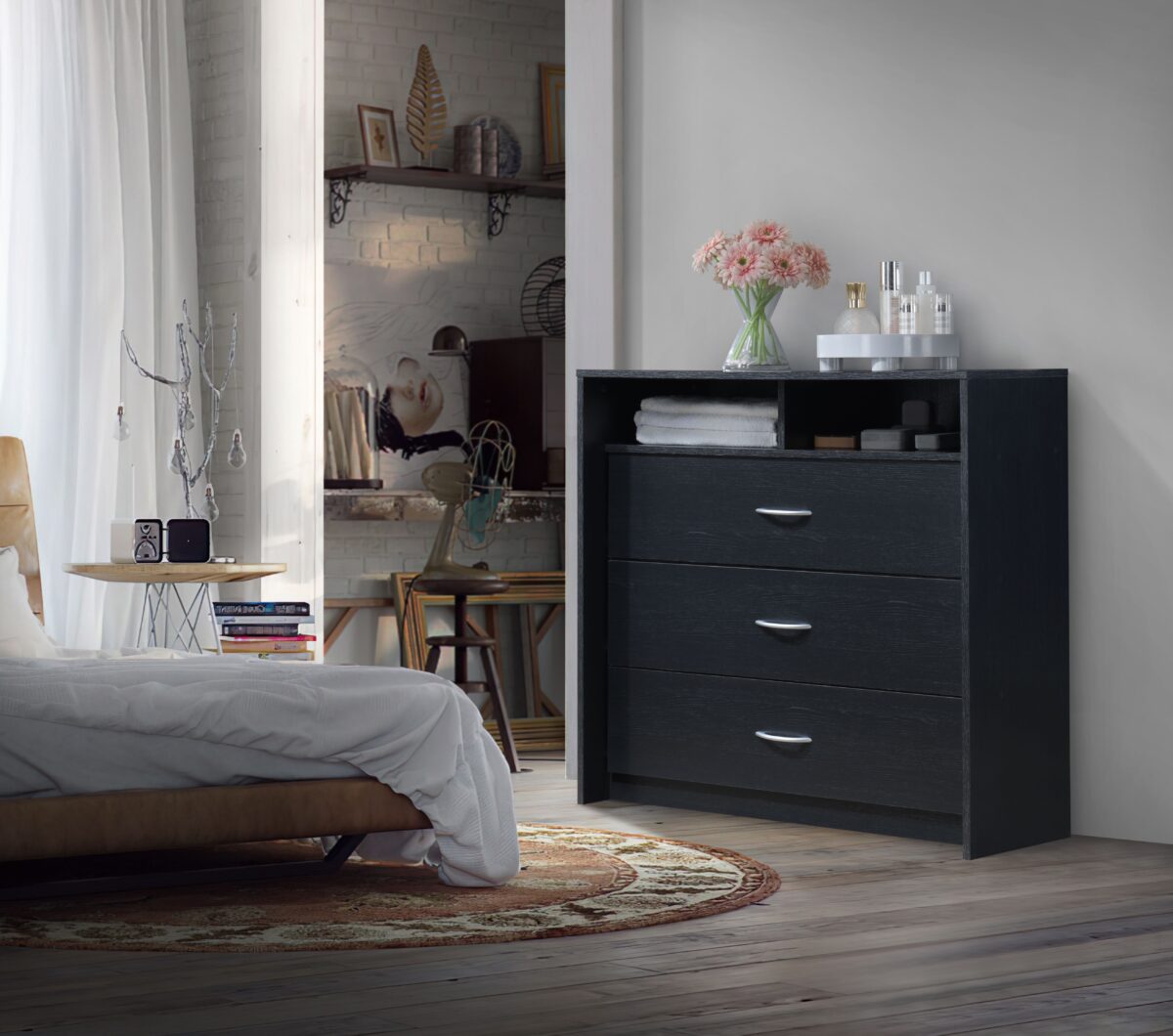 Hodedah 3-Drawer Dresser with 1-Open Shelf 2 Compartments in Black