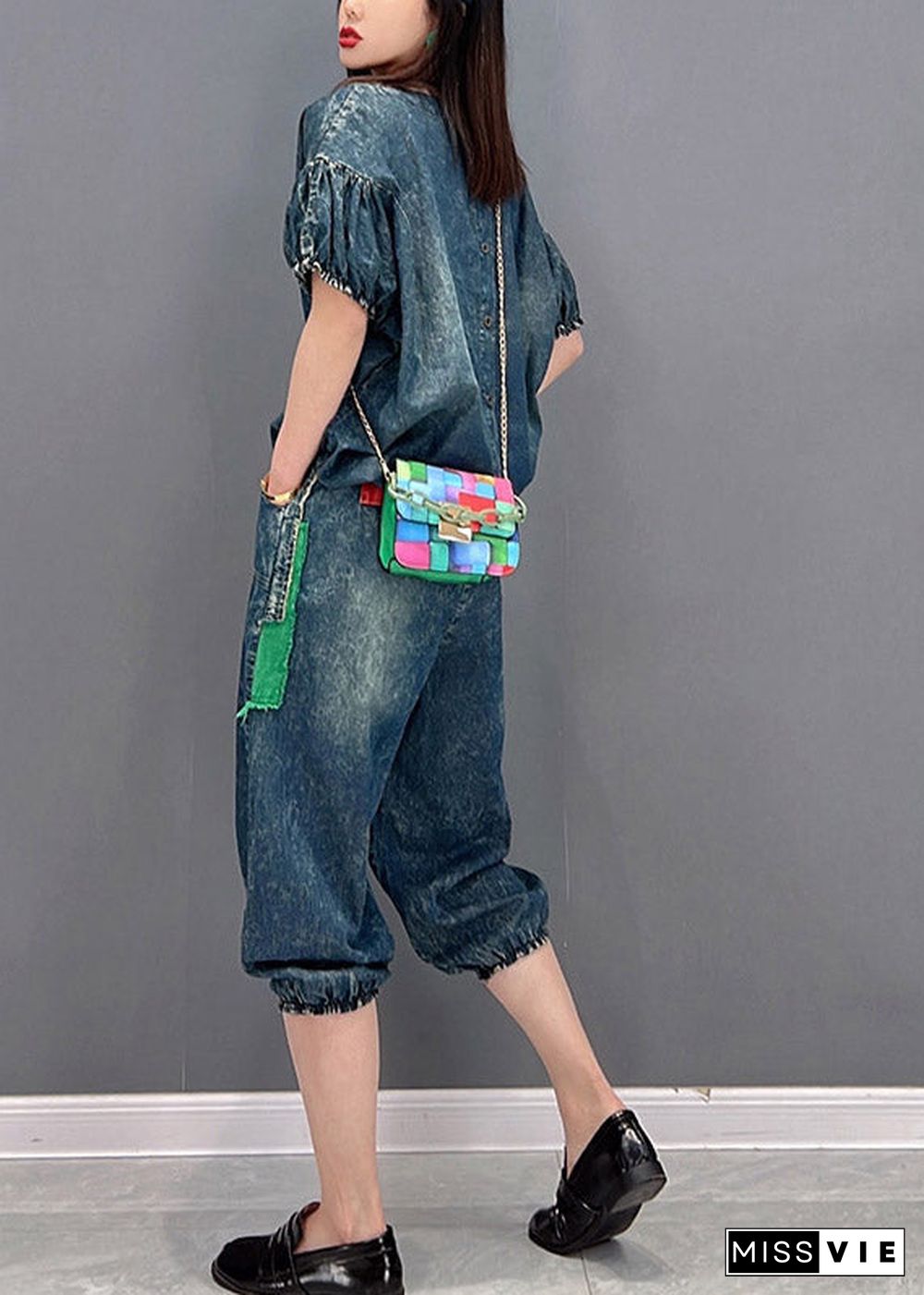 Handmade Blue O-Neck wrinkled Appliques Denim tops and pants Two Piece Set Women Clothing Short Sleeve