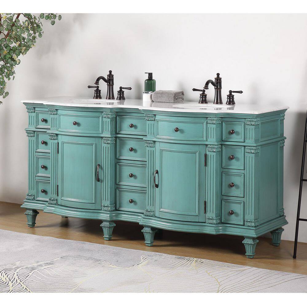 Silkroad Exclusive 72 in. W x 22 in. D x 36 in. H Freestanding Bath Vanity in Retro Green with Carrara White Marble Top V0722NW72D