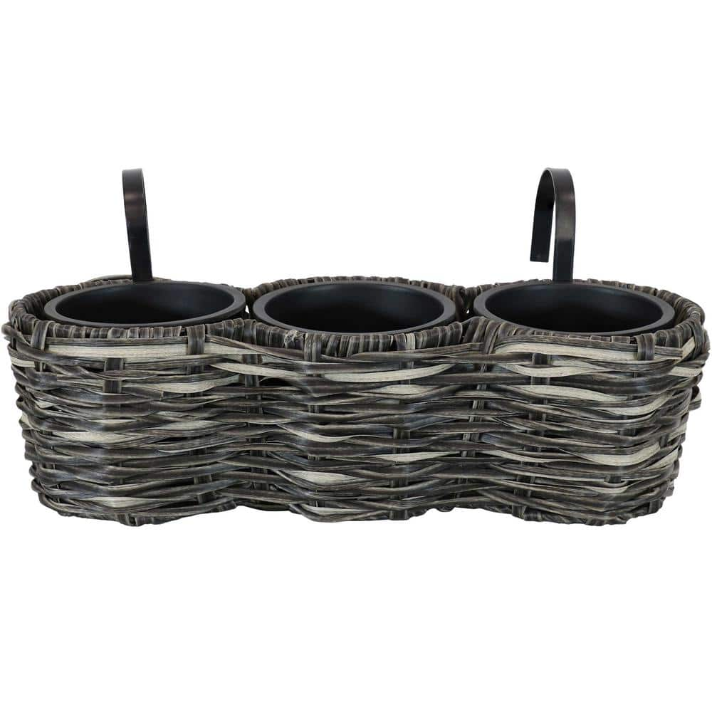 Sunnydaze Decor Charcoal Round Polyrattan Over-the-Rail Tri-Planter NHU-613