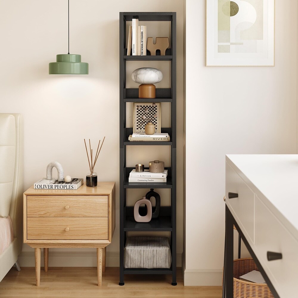 Narrow Bookshelf Tall Skinny Bookcase 6 Tier Storage Rack