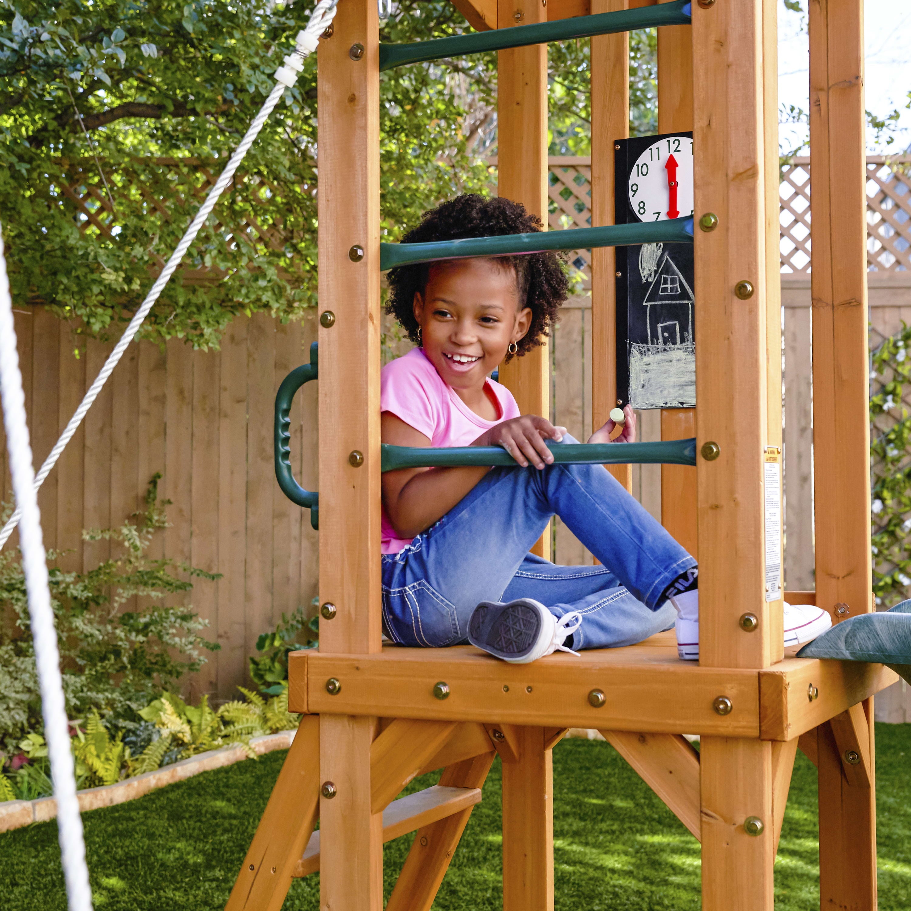 KidKraft Hawk Tower Wooden Swing Set with Slide and 2 Swings