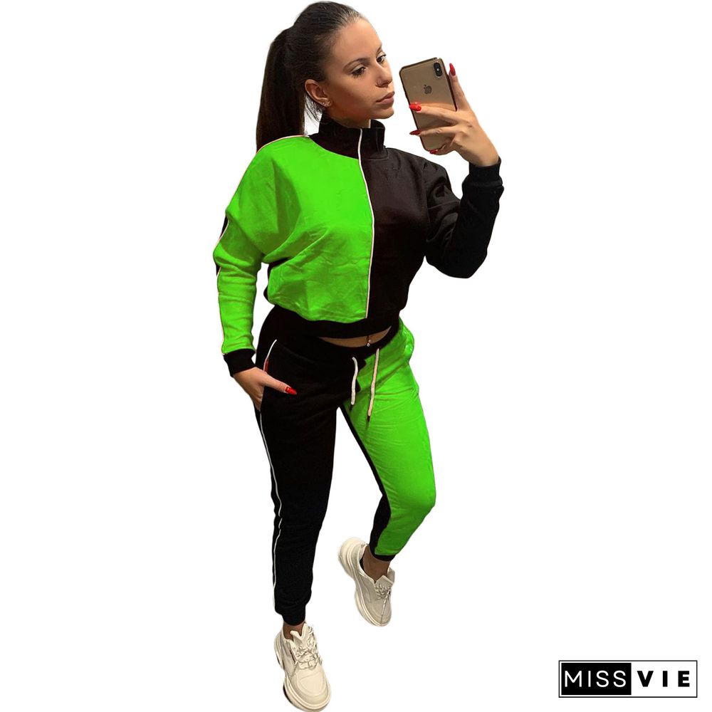 Color Contrast Zip Jacket Sporty Pants Two Piece Set