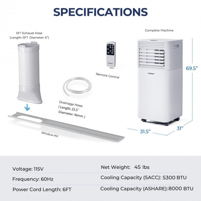 8000 BTU 3-in-1 Air Cooler with Dehumidifier and Fan Mode