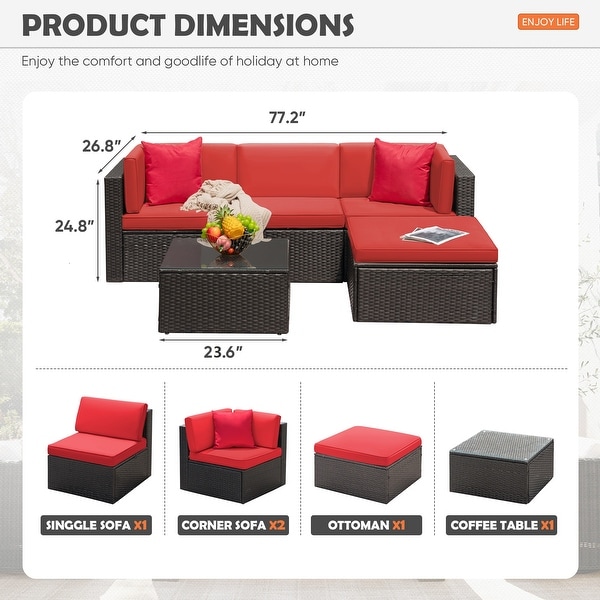 Furniwell 5 Pieces Patio Sectional Sofa Sets Rattan Conversation Sets