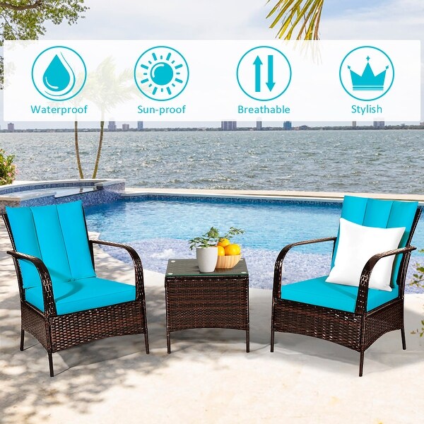 Costway 3 PCS Patio Wicker Rattan Furniture Set Coffee Table and 2