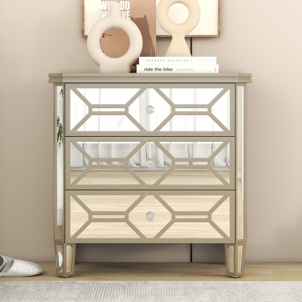 Elegant Mirrored 3-Drawer Chest with Golden Lines Storage Cabinet - - 37857299