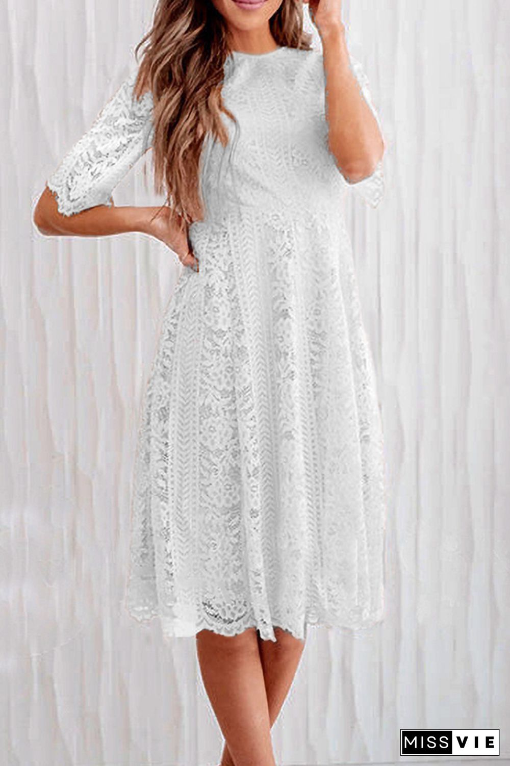 Casual Solid Lace O Neck Cake Skirt Dresses(3 colors)