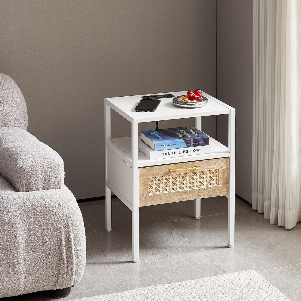 Set of 2 End Table Nightstands with Charging Station  Modern Sofa Side Table with Rattan Drawer and Metal Legs  White/ Natural