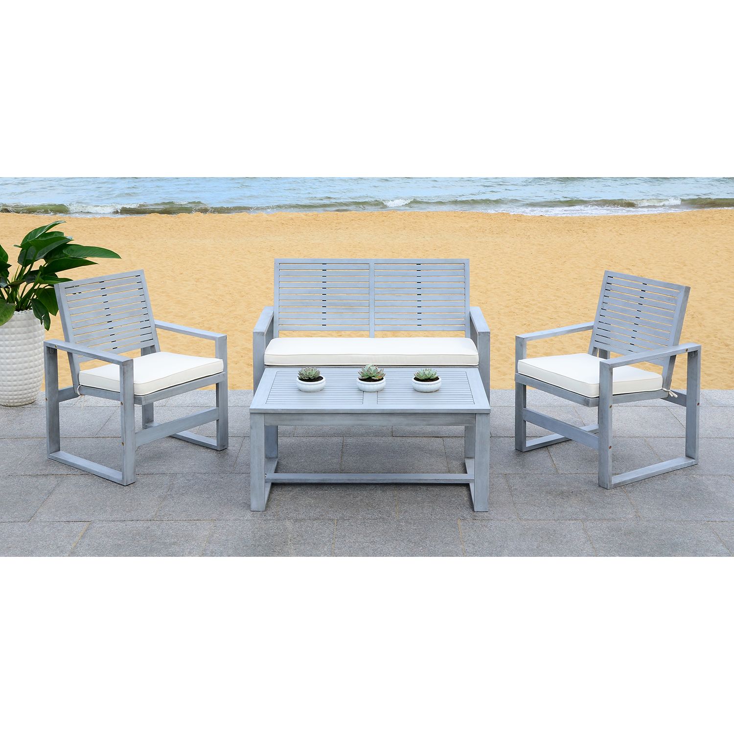 Safavieh Ozark Indoor / Outdoor Loveseat， Arm Chair and Coffee Table 4-piece Set