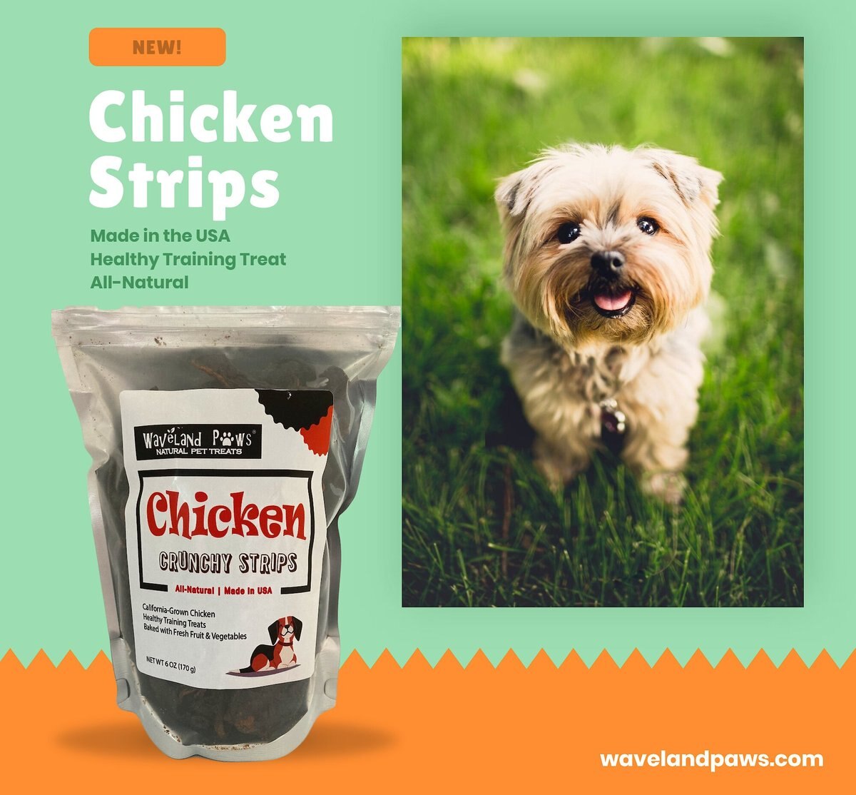 Waveland Paws Crunchy Strips Chicken Dog Treats， 6-oz bag