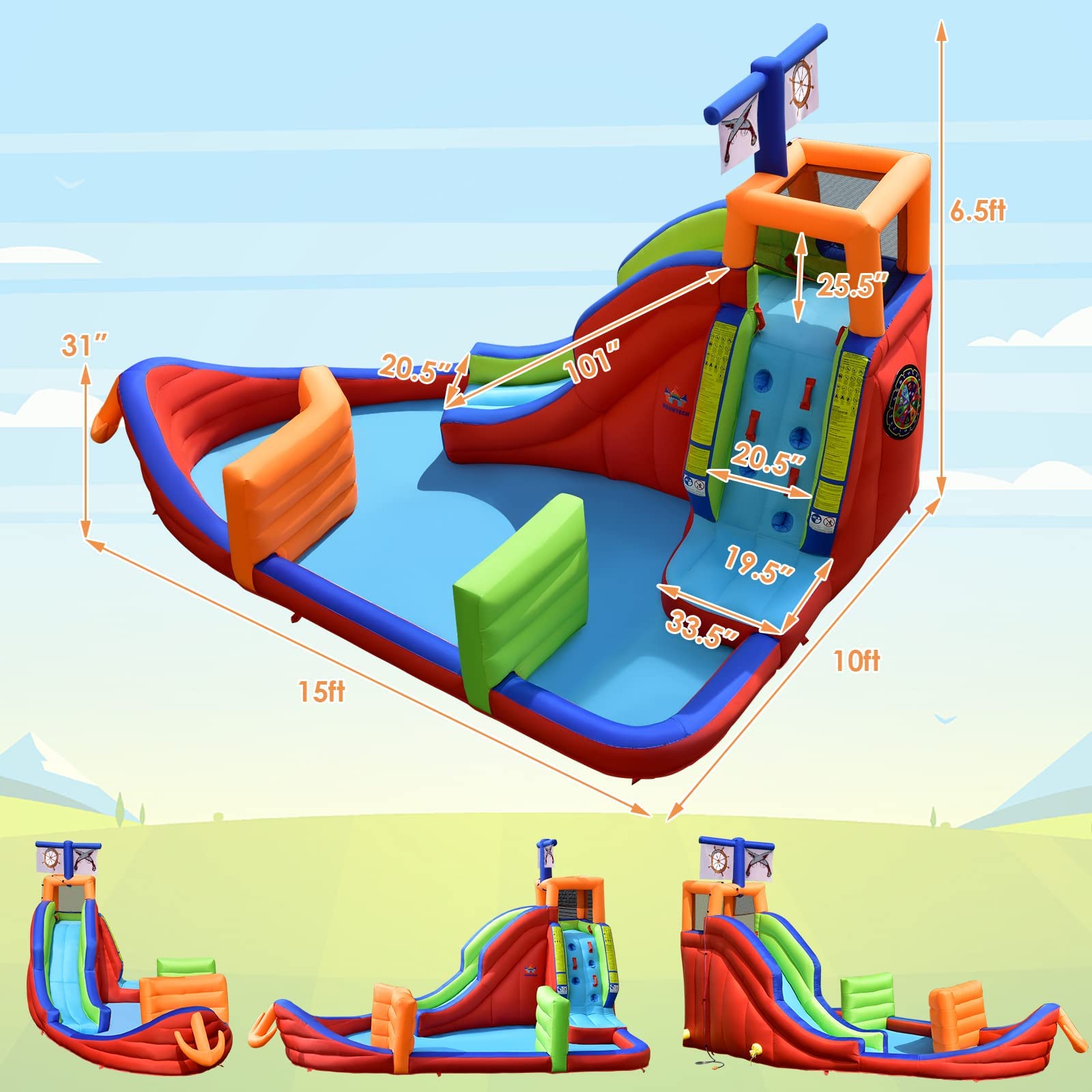 BOUNTECH Inflatable Water Slide, 6-in-1 Pirate Ship Long Waterslide Park for Kids