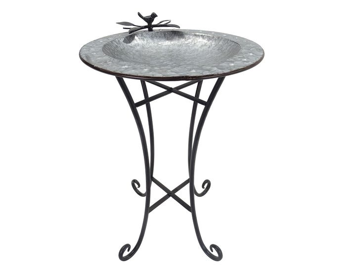 Alpine Gray Round Metal Birdbath with Bird Accent - ORS832