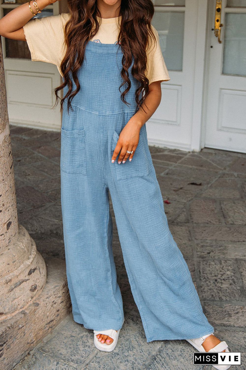 Plain Texture Wide Leg Cami Jumpsuit